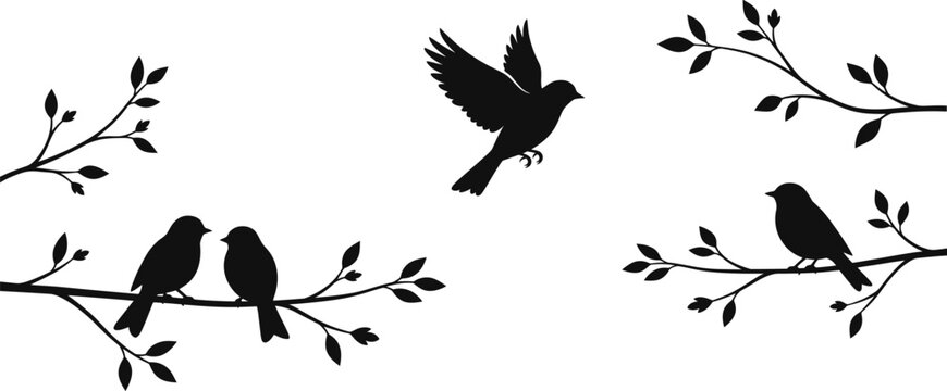 Black silhouettes of small birds perched on tree branches and one bird flying isolated on a white background for nature design projects