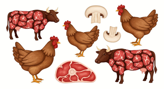 Factual illustration collage featuring brown cows with marbled raw beef patterns, domestic hens, a raw steak cut, and white button mushrooms isolated on a white background.