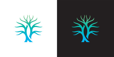 A stylized blue tree with bare branches stands alone on white and black backgrounds. © SuperKin