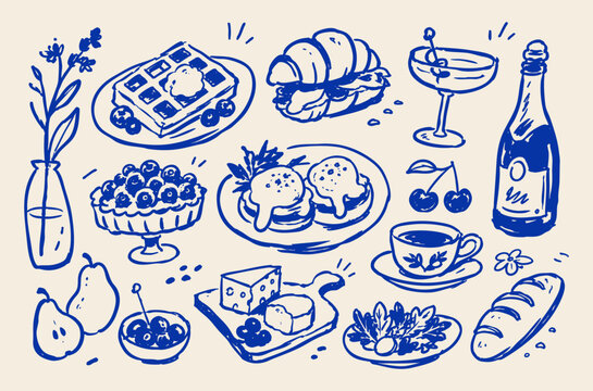 Breakfast brunch doodle vector illustration with blue hand drawn cafe food coffee fruit and morning meal icons