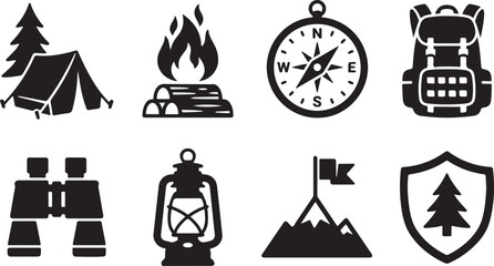 Set of black camping and hiking icons including tent fire compass backpack binoculars and lantern © Mostafizur