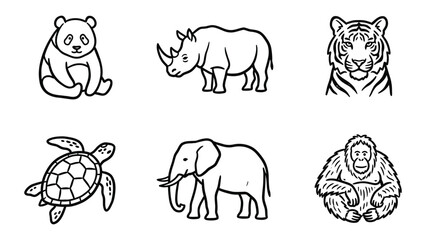 Set of wild animal icons including panda rhino tiger turtle elephant and ape © Abu