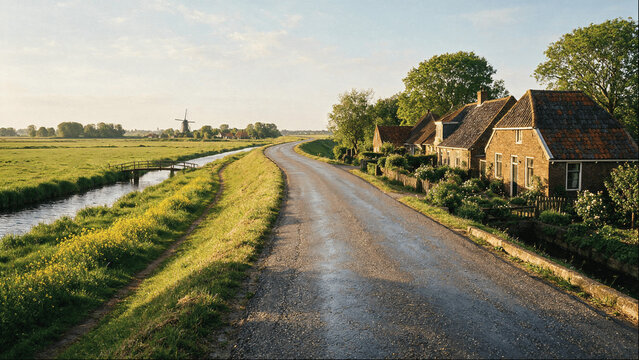 Canal-Side Road with Grassy Bank of Yellow Wildflowers in Flat Dutch Landscape