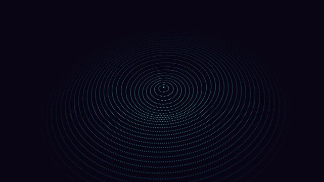 Concentric blue particle rings ripple outward across a dark floor in a perspective 3D animation loop for cyber technology dataviz backdrops