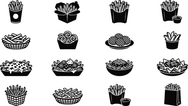 French Fries Silhouette Vector Icon Set, Curly Crinkle Waffle Cheese Fries
