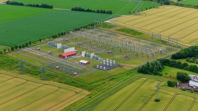 Aerial Video of High Voltage Substation in Rural Farmland