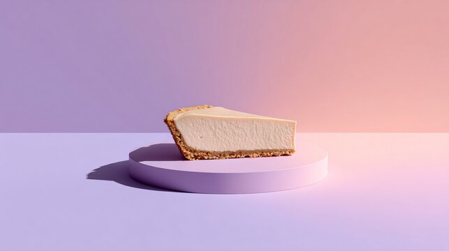 A minimalist composition with a single peanut butter pie slice centered on a pastel lavender background with smooth gradient shadows
