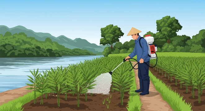 Vector illustration of an Asian farmer in a conical hat using a backpack sprayer to apply liquid fertilizer or pesticide to green crops in a riverside field with mountains.