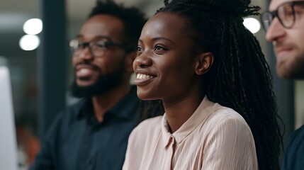 Fototapeta premium Three people smiling while looking at a screen in an office setting showing positive engagement and teamwork