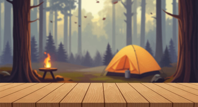 Empty light brown wooden plank table top foreground against blurred cartoon style forest campsite background with orange tent, campfire, and pine trees under hazy sky.