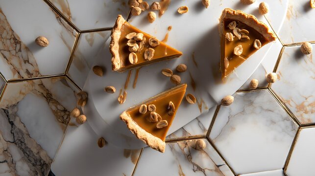 A modern editorial dessert arrangement with geometric placement of pie slices and peanuts on a polished marble surface with subtle reflections