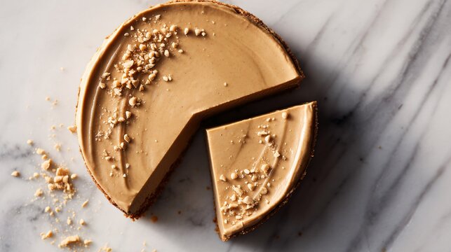A modern editorial dessert arrangement with geometric placement of pie slices and peanuts on a polished marble surface with subtle reflections