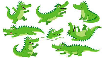 Fototapeta premium Collection of playful cartoon crocodiles in various poses on white background