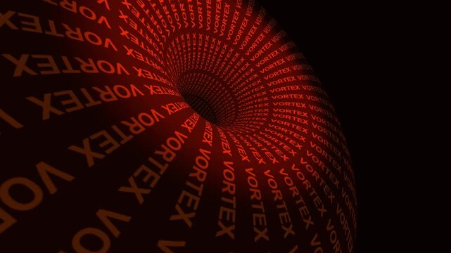 Kinetic typography tunnel with orange vortex text spinning into a dark background void in a bold 3D animation loop perfect for dynamic video intro cues