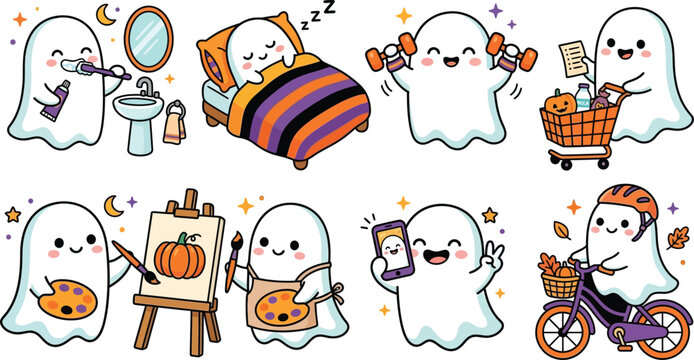 Cute cartoon ghost character daily routine and halloween activities sticker set with halloween character activity brushing sleeping exercise shopping painting illustration seasonal lifestyle