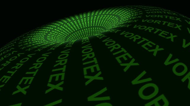 Luminous green vortex tunnel of repeating neon text loops continuously into a dark digital abyss for futuristic title graphics