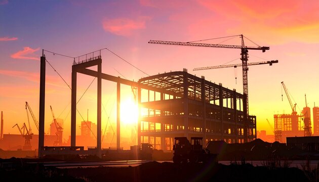 Construction site with steel frames and cranes silhouetted against a vibrant sunset sky.