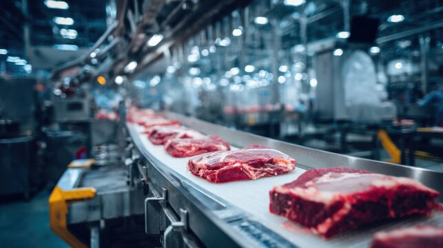 Fresh raw beef cuts moving along a conveyor belt in a modern meat processing plant, showcasing automated food production, quality control, and industrial manufacturing.