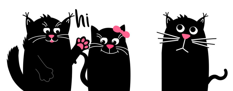 hello and hi. A sad cute cat is sitting. A black cat and a kitty. Vector animation illustration in a flat style.