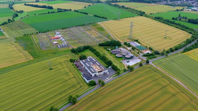 Aerial Video of Power Substation and Wastewater Plant in Farmland