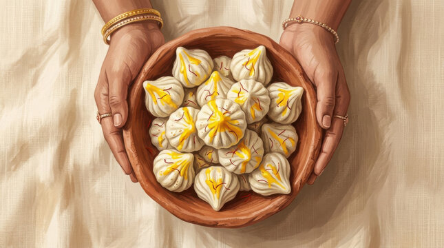 Hands holding a clay bowl filled with sweet modak dumplings topped with saffron generated using ai