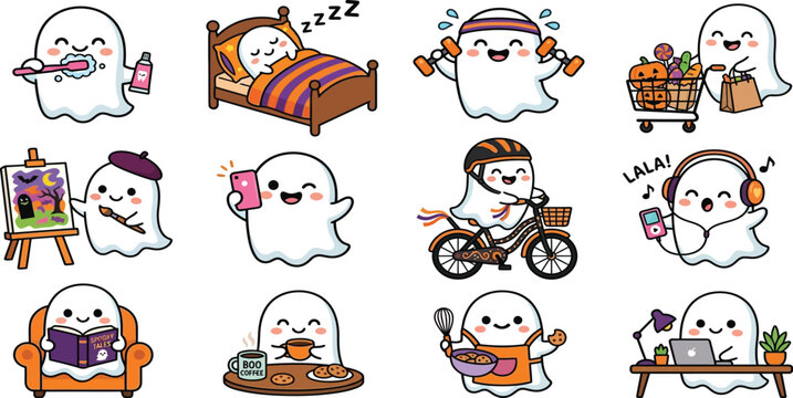 Set of cute ghost character activities and daily routine stickers with character halloween stickers activities illustration collection cheerful childish whimsical creative isolated exercise
