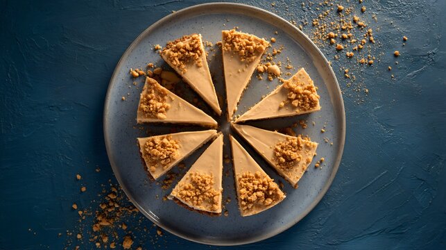 A top-down composition of peanut butter pie slices arranged in a circular pattern on a matte ceramic serving plate with scattered peanut crumbs