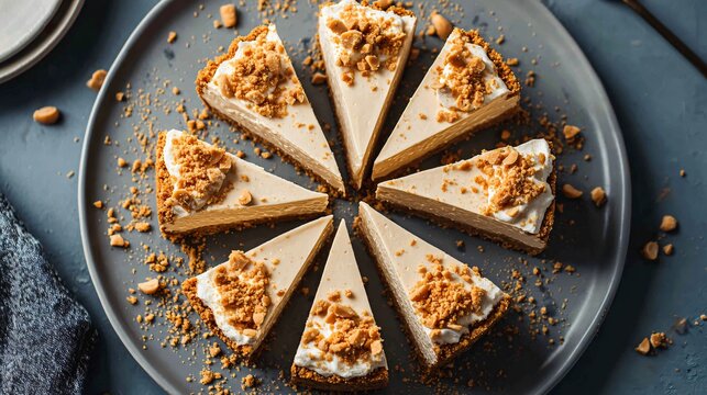 A top-down composition of peanut butter pie slices arranged in a circular pattern on a matte ceramic serving plate with scattered peanut crumbs