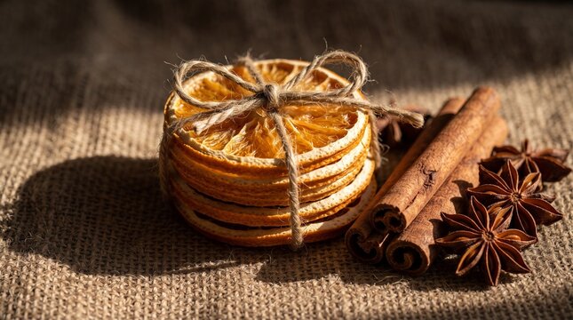 Macro shot of dried orange slices with cinnamon sticks on burlap