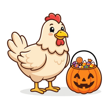Cute cartoon chicken standing beside an orange jack o lantern pumpkin bucket filled with colorful sweet candy for a fun trick or treat halloween