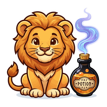 Smiling cartoon lion cub with fluffy golden mane sits beside dark mystical potion bottle emitting blue smoke on clean white backdrop a delightful whim