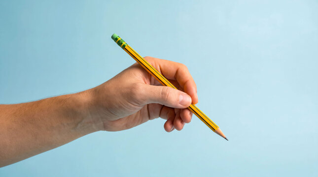 Hand holding yellow pencil against light blue sky
