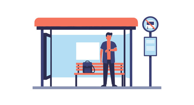Man Waiting at Bus Stop Checking Time After Missing Bus Flat Vector Illustration - Transportation Delay and Commuting Concept