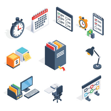 Colorful Isometric Office Supplies and Technology Icons.