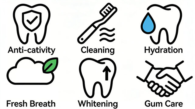 Basic dental care efficacy icon, resistant to tooth decay, daily cleaning, moisturizing teeth protection, improved breath, whitening and brightening, synchronously caring for gum health
