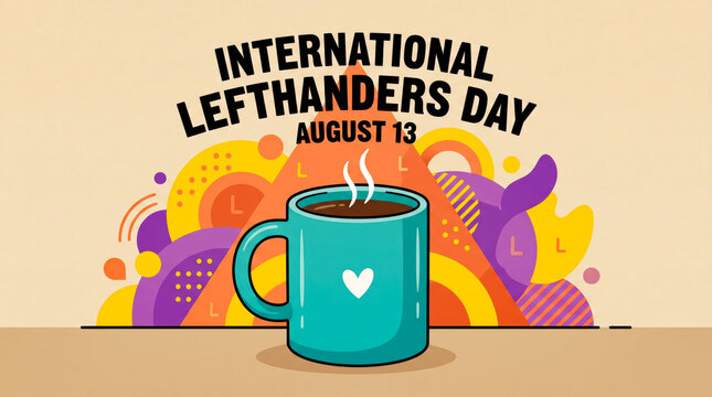 International left handers day celebration with coffee mug and thumbs up