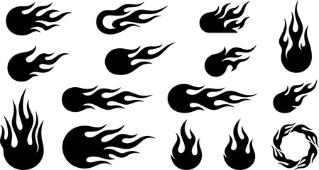 Obraz premium Vintage Hot Rod Fire Flames Black Silhouette Vector Set with Tribal Blazing Fireball Elements for Motorcycle Decals and Car Tuning Sticker Designs