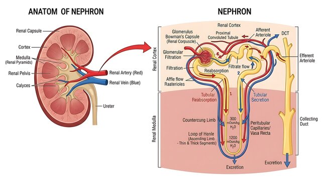 Anatomy of nephron kidney structure diagram with physiology