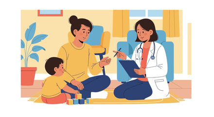 Fototapeta premium Pediatrician Consults Mother and Child, Playful Healthcare Scene