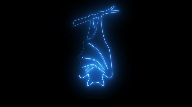 Abstract halloween bat hanging upside down on tree branch with neon glow light blue line art.