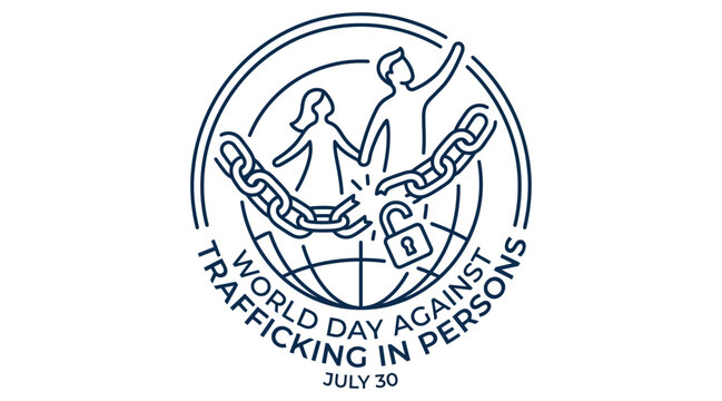 Line art illustration of persons breaking chain with a globe and padlock on white background