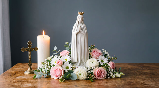 Statue of our lady of lourdes with flowers and candle on wooden shelf