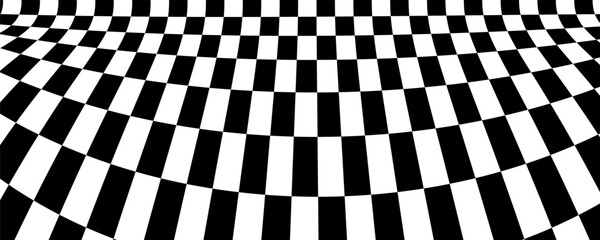 Obraz premium Abstract black and white checkered pattern with a distorted fisheye lens or curved grid effect. Geometric optical illusion background.
