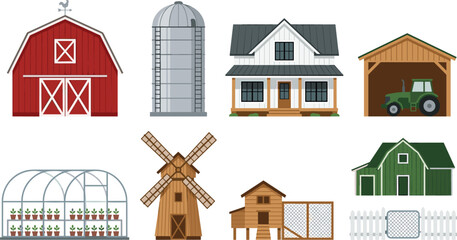 Farm Buildings Collection Vector Set with Red Barn Farmhouse Silo Greenhouse Windmill Tractor Shed Chicken Coop and Rural Agriculture Structures © MstBobita
