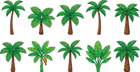 Tropical Green Palm and Banana Trees Vector Set with Hand Drawn Cartoon Style Exotic Foliage Elements for Summer Holiday and Beach Resort Designs © MARKNIS