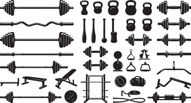 Set of black fitness gym equipment icons including dumbbells barbells kettlebells and workout benches