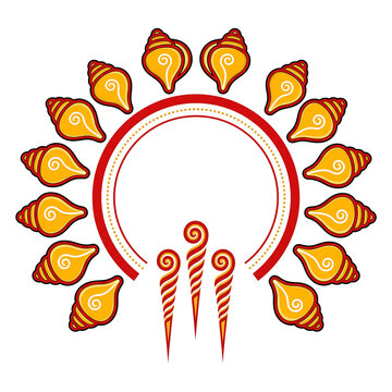 Centered semicircular conch shell arch motif in flat vector style with red and gold spiral shapes on pure white background