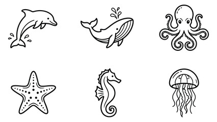 Set of cute hand drawn sea animals including dolphin whale and octopus © Abu