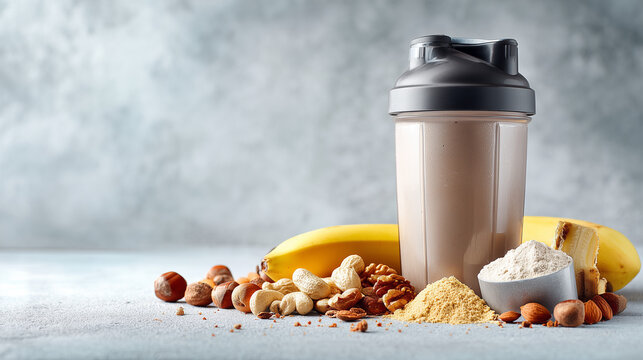 Chocolate protein shake with banana, nuts and protein powder on a clean background. Sports nutrition concept for muscle recovery, fitness, healthy lifestyle and balanced diet.