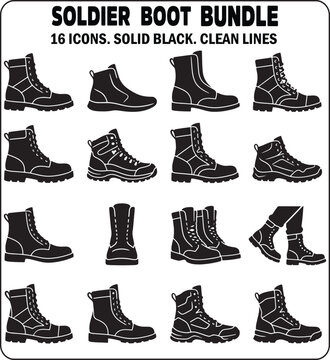 Military combat boots silhouette bundle army footwear icon set vector